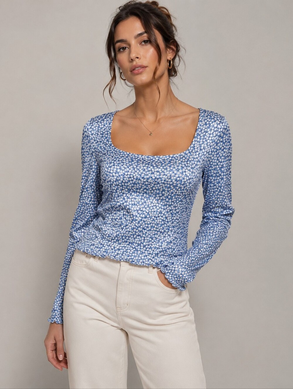 H&M Ditsy Floral Satin Blouse Blue & White Square Neck Long Sleeve Size Small